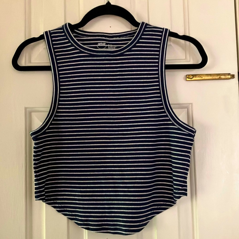 Aerie XL Crop High Neck Tank Top Curved Front Bottom Striped Navy & White
